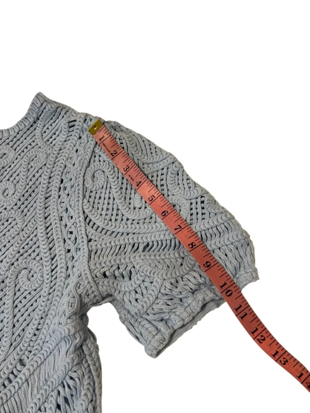 WHBM White House Black Market Blue Crochet Top Puff Sleeve Open Knit Cottagecore - Picture 11 of 14